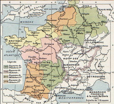Map Showing the Division of Gaul (France) after Death of Clovis I in 511 CE